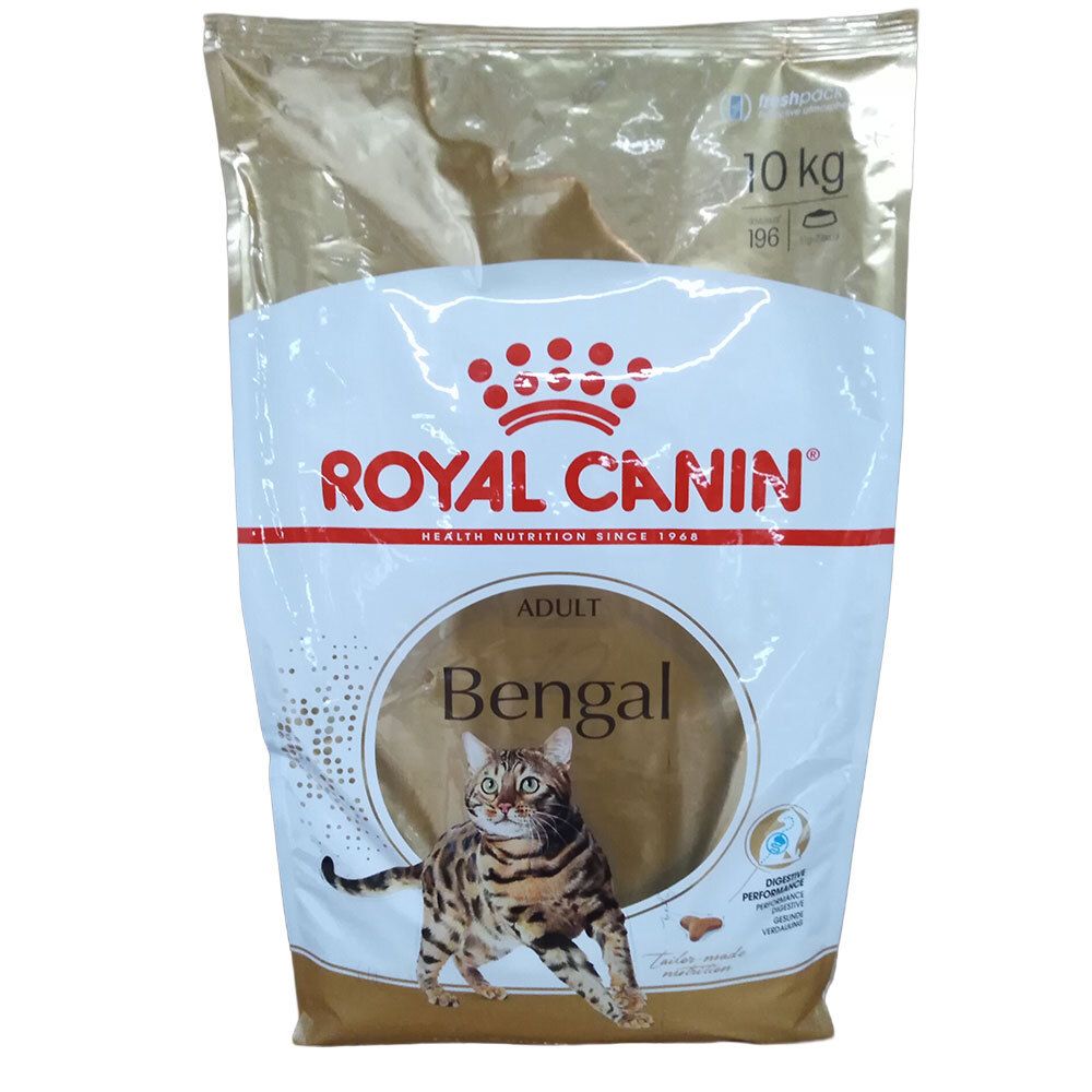 Royal Canin Bengal Adult 10kg Katzentrockenfutter-Sack mit Bengal-Katzenmotiv.
