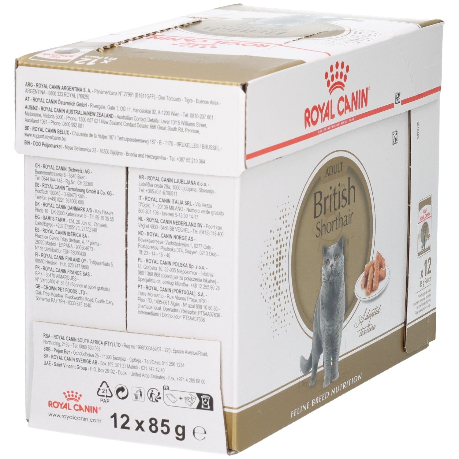 Rückseite der Royal Canin British Shorthair Adult Katzenfutter-Box mit Fütterungshinweisen.