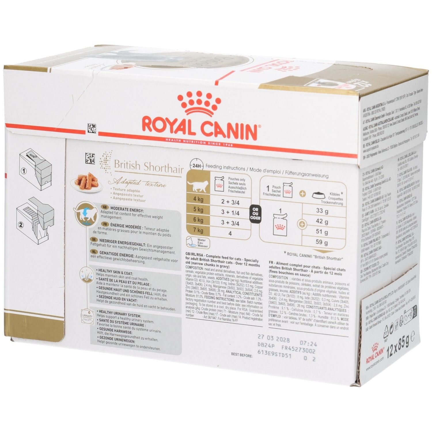 Seitenansicht der Royal Canin British Shorthair Adult Katzenfutter-Box mit Nährwertangaben.