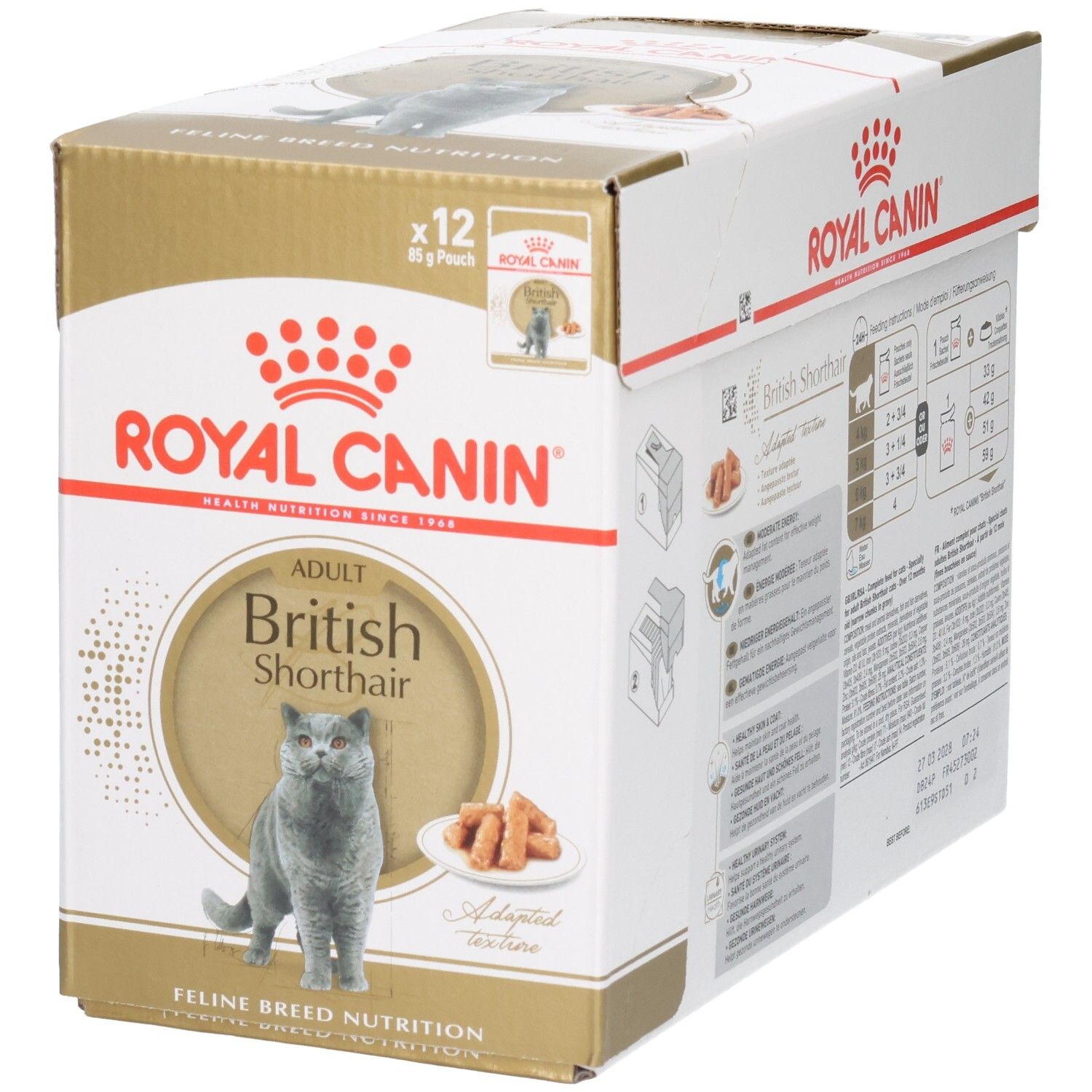 Vorderansicht der Royal Canin British Shorthair Adult Katzenfutter-Box mit Katzenbild.