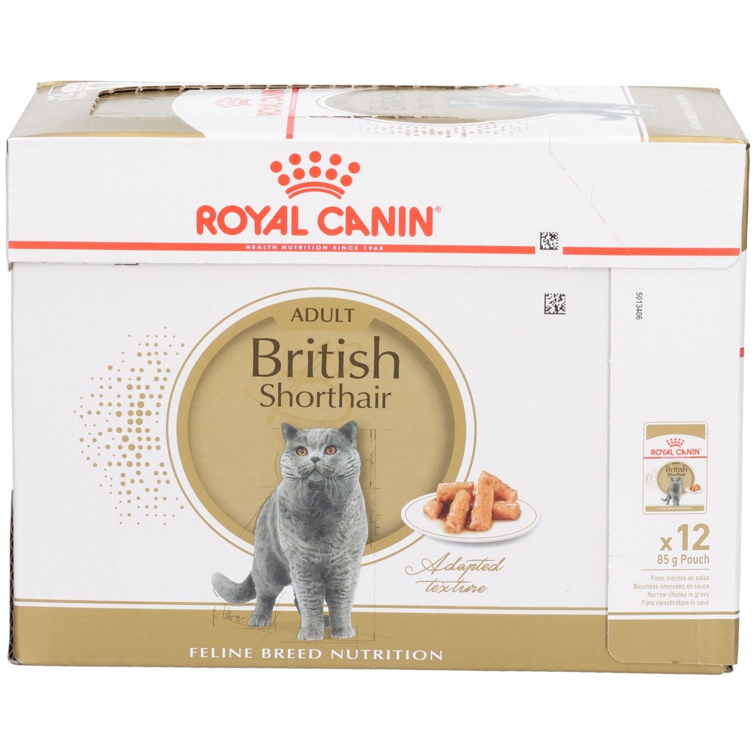 Royal Canin British Shorthair Adult Katzenfutter-Box, 12x85g Pouches, Vorderansicht.