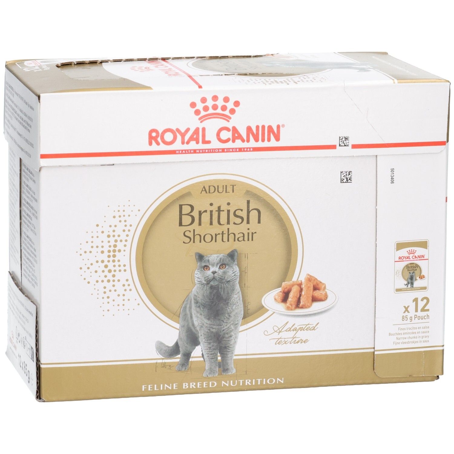 Detailansicht der Royal Canin British Shorthair Adult Katzenfutter-Box, 12x85g Pouches.