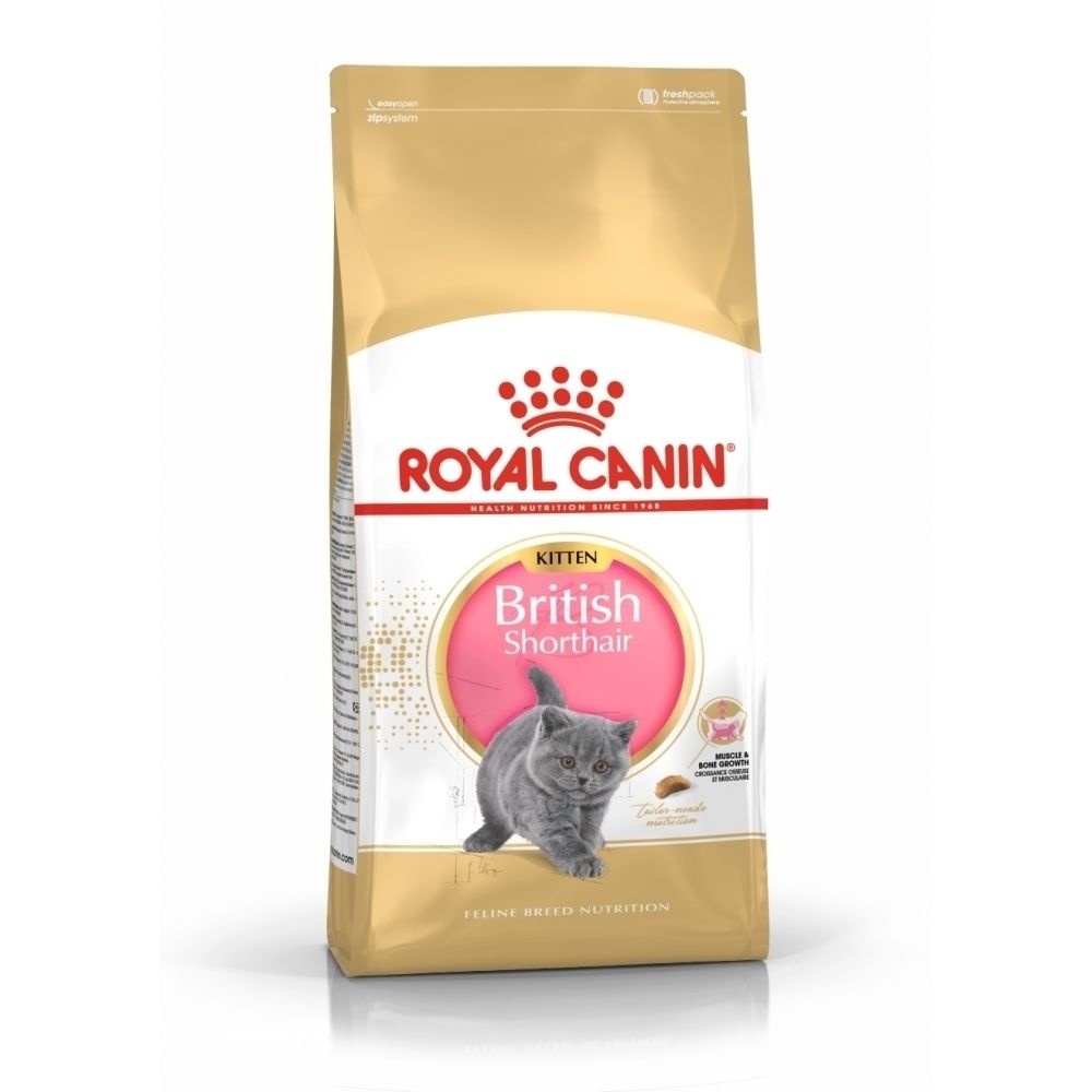 Royal Canin Kitten British Shorthair Trockenfutter-Beutel mit einem Kätzchen-Motiv.