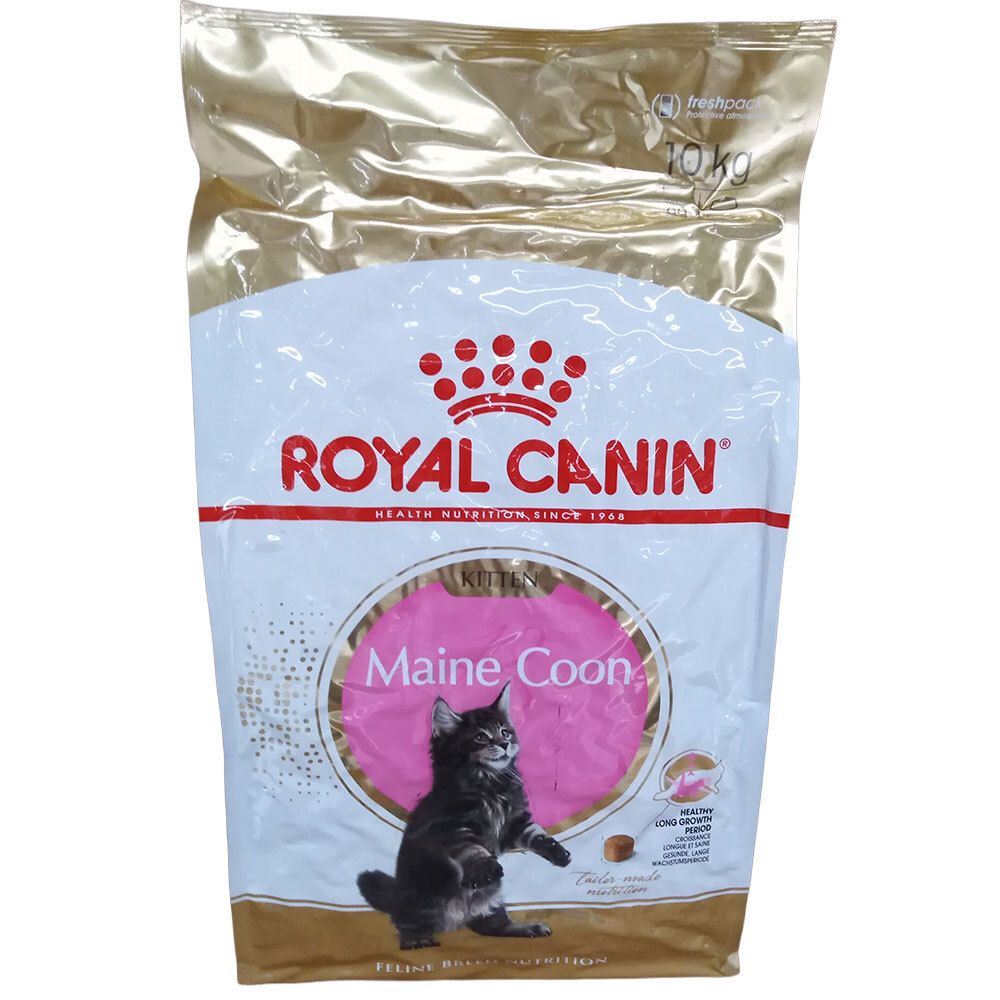 Royal Canin Maine Coon Kitten Futter, 10kg Beutel mit Bild einer Katze und Produktinformationen.
