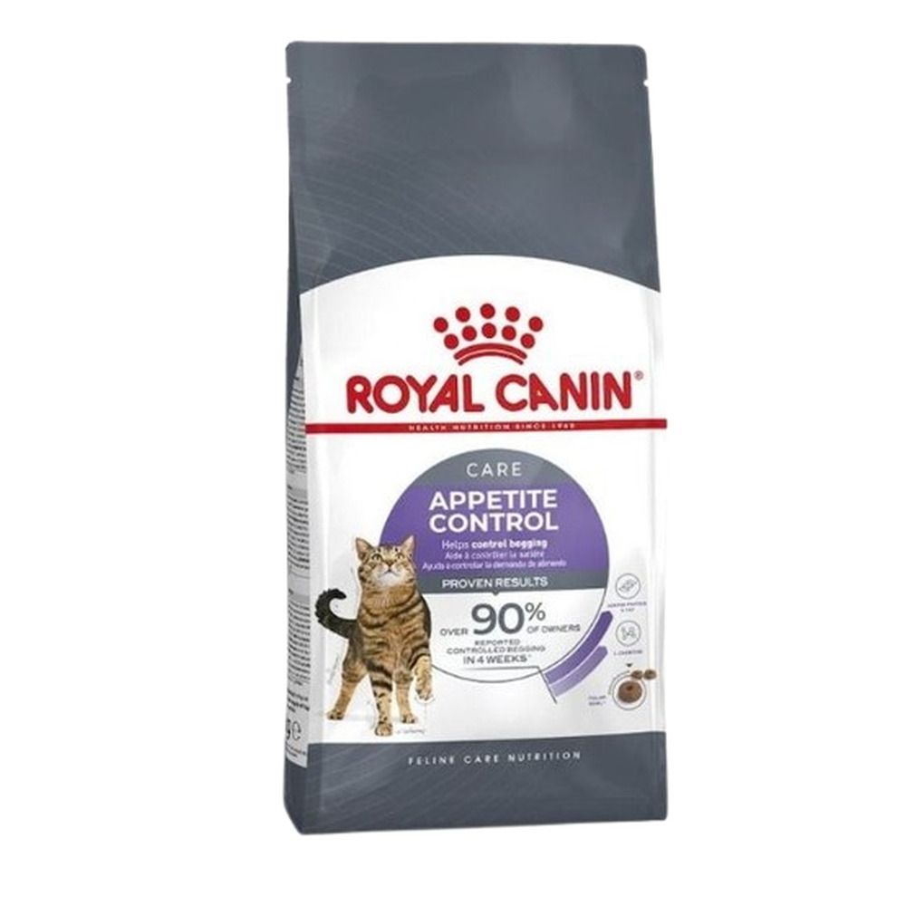 Sacs de nourriture pour chats Royal Canin Appetite Control, 10kg. Vue de face avec un chat et des informations sur le produit.