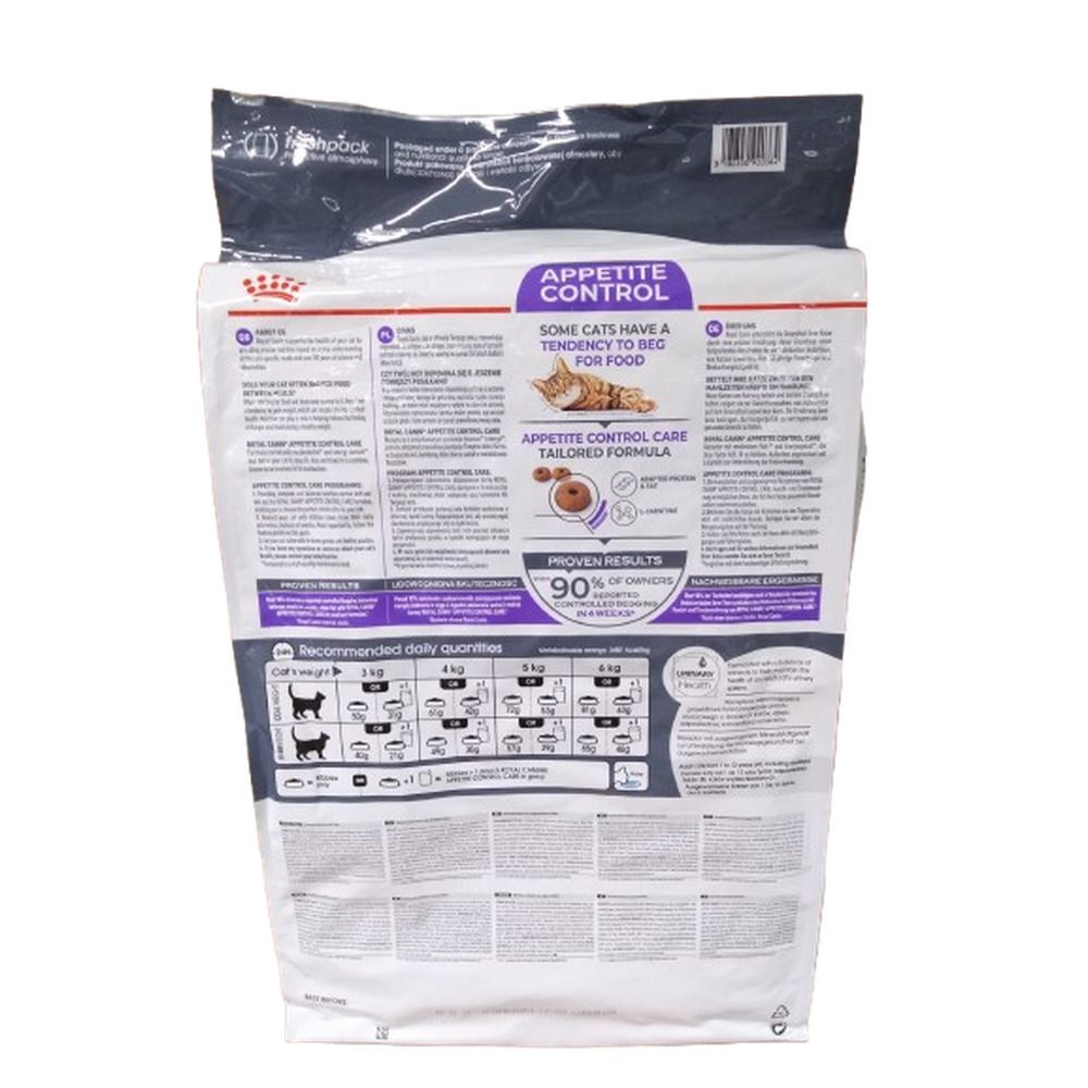 Royal Canin Appetite Control Katzenfutter, 10kg Beutel. Rückansicht mit detaillierten Produktinformationen und Fütterungsempfehlungen.