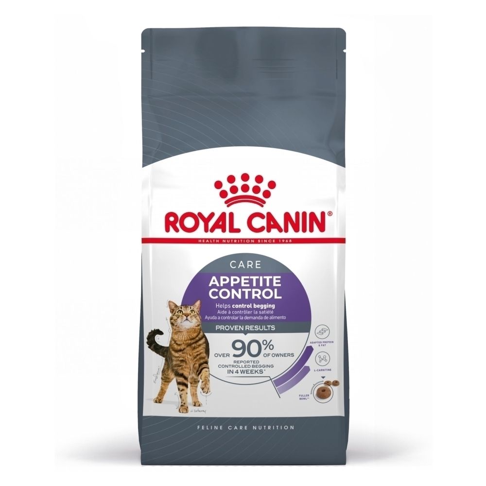 Royal Canin Appetite Control Katzenfutter-Beutel mit Katze und Produktinformationen.