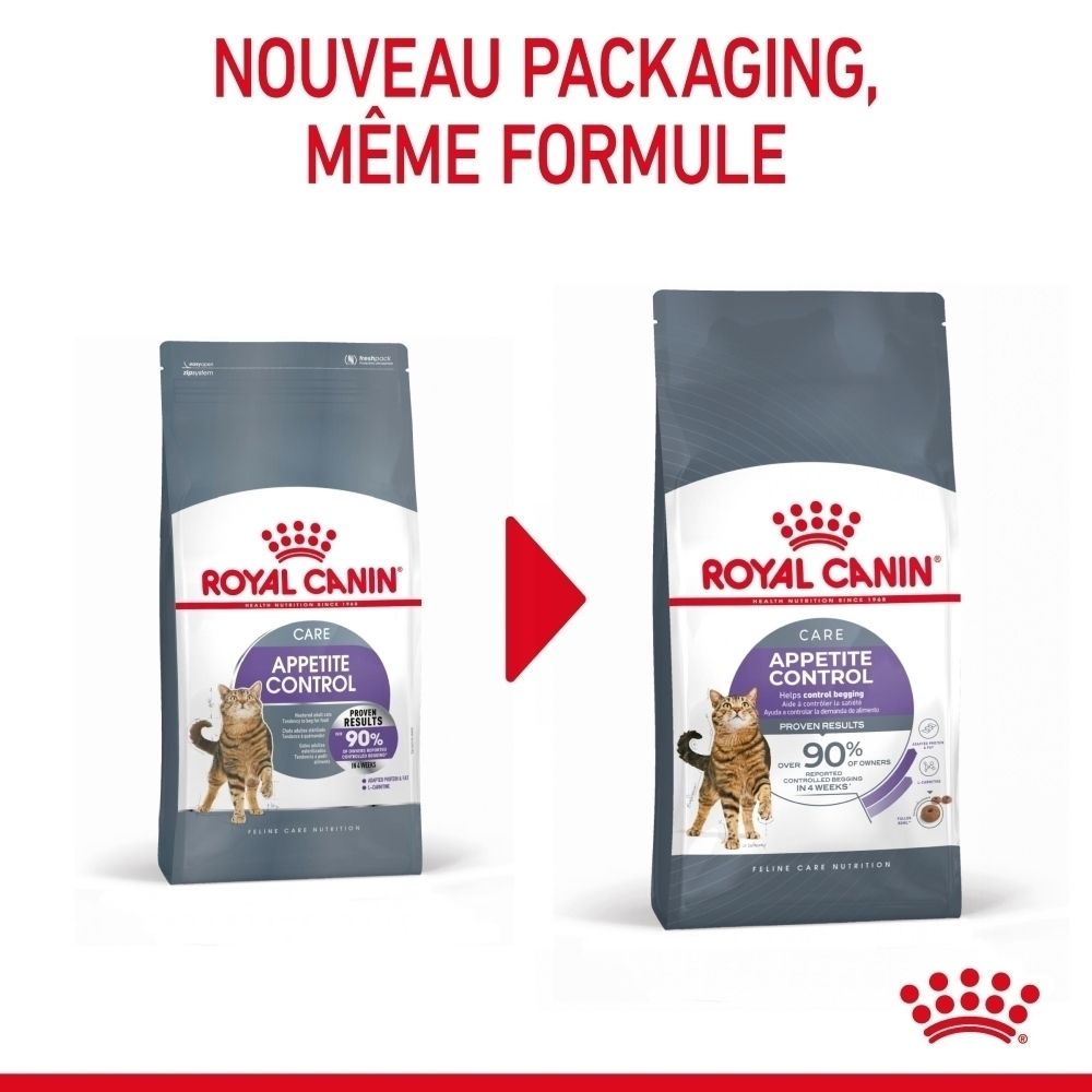 Zwei Royal Canin Beutel für Katzenfutter, Sorte Appetite Control. Der rechte Beutel zeigt das neue Design.