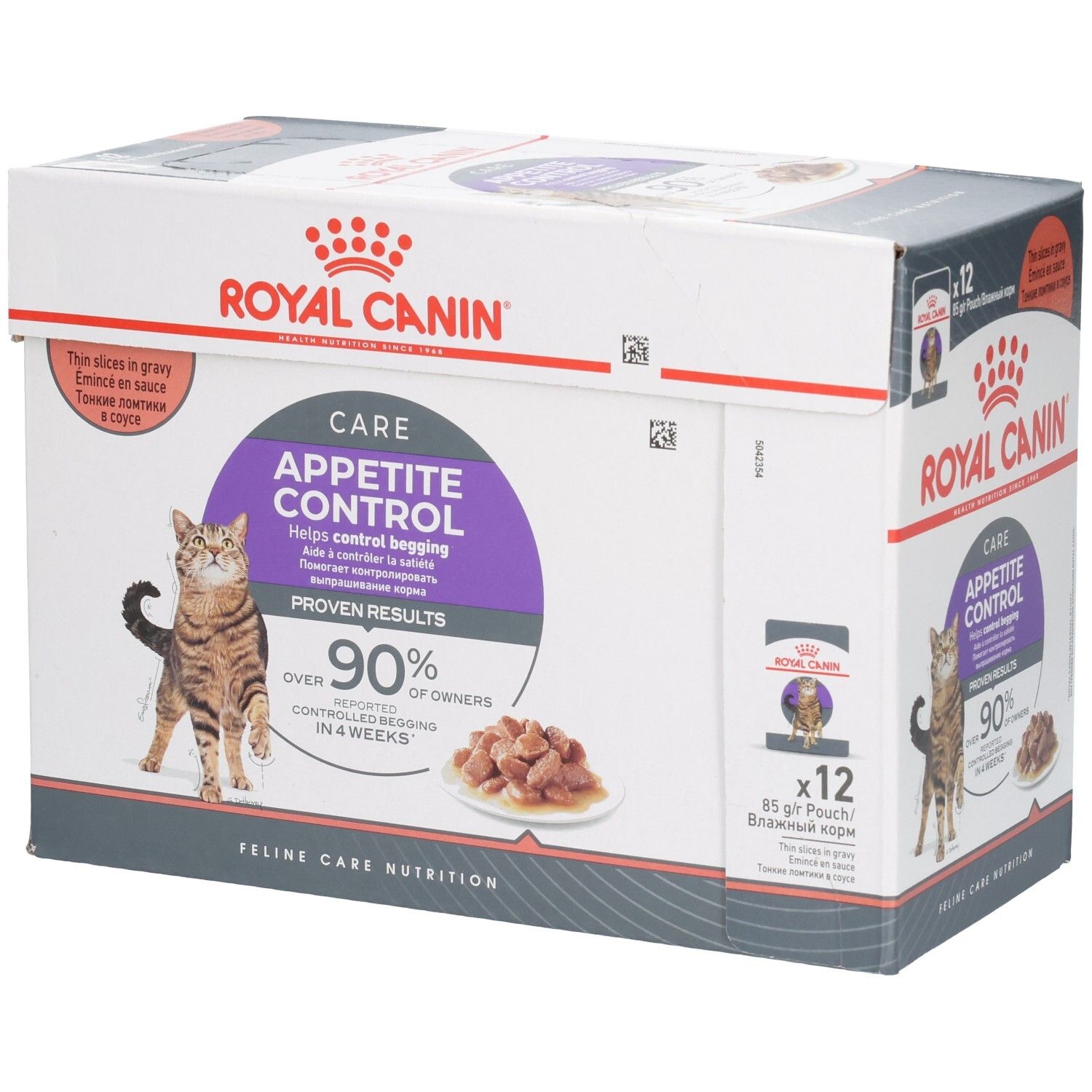Royal Canin Appetite Control Katzenfutter-Box, 12x85g Pouch, mit Katze und Futterschale.