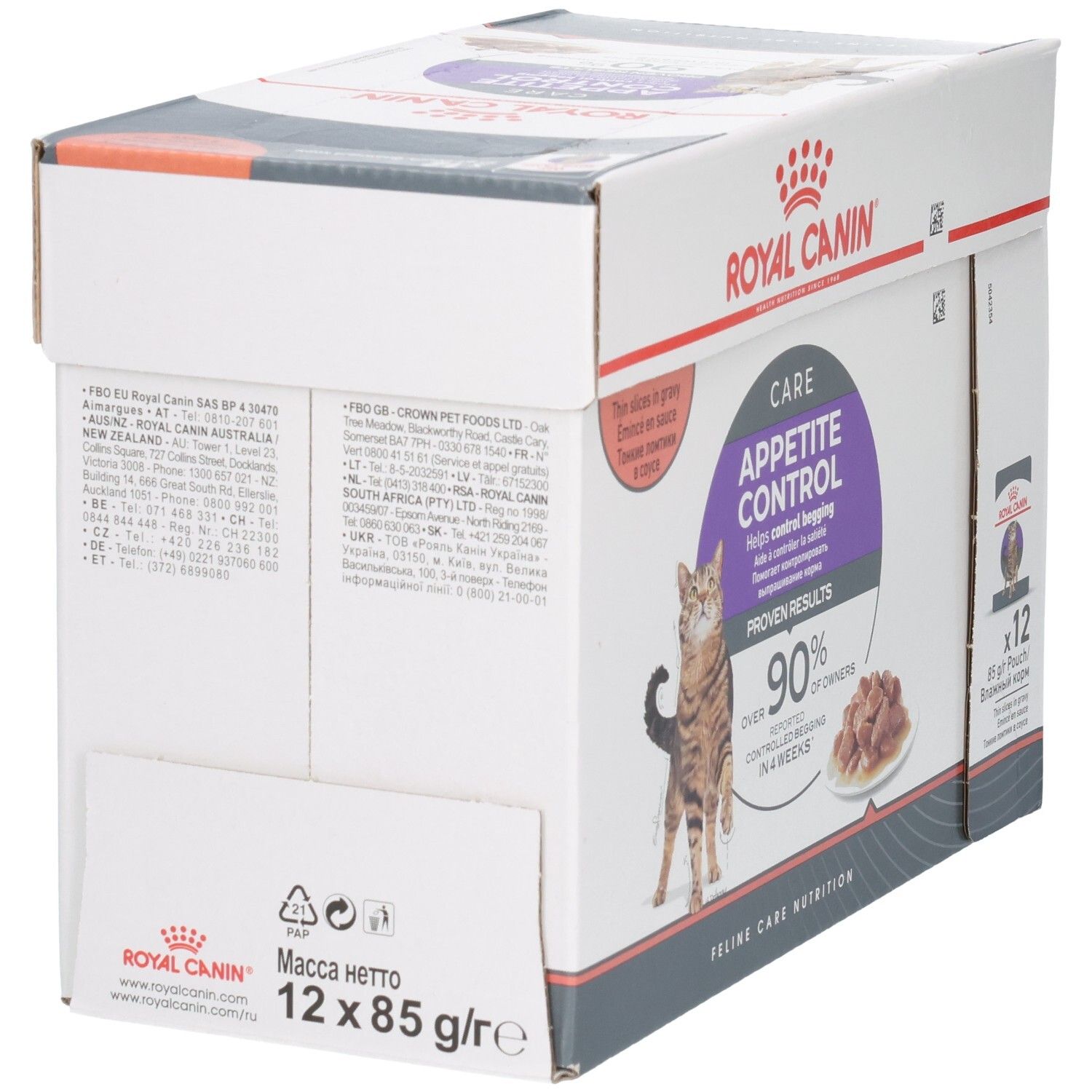 Rückseite einer Royal Canin Appetite Control Katzenfutter-Box mit Fütterungshinweisen und Inhaltsstoffen.