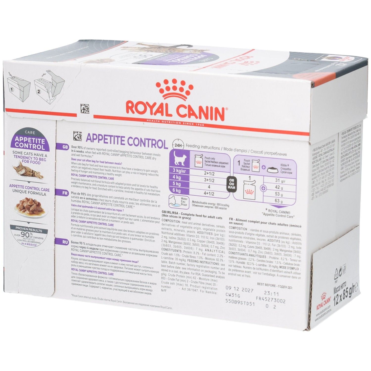 Seitenansicht einer Royal Canin Appetite Control Katzenfutter-Box mit Fütterungstabelle und Produktinformationen.
