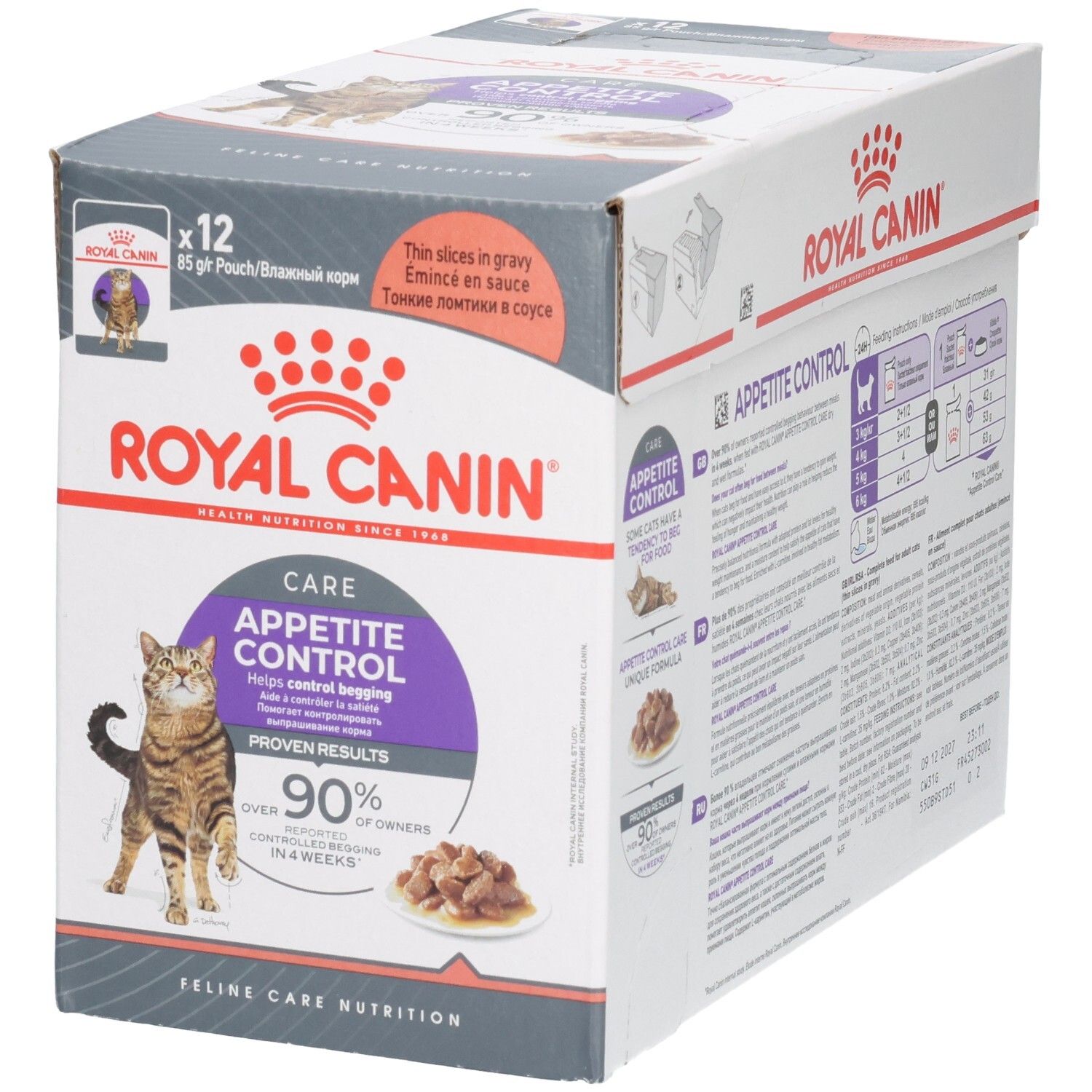 Royal Canin Appetite Control Katzenfutter-Box, 12x85g Pouch, mit Katze und Futterschale.