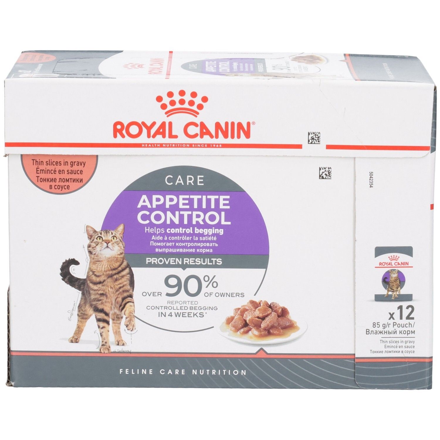 Royal Canin Appetite Control Katzenfutter-Box, 12x85g Pouch, mit Katze und Futterschale.