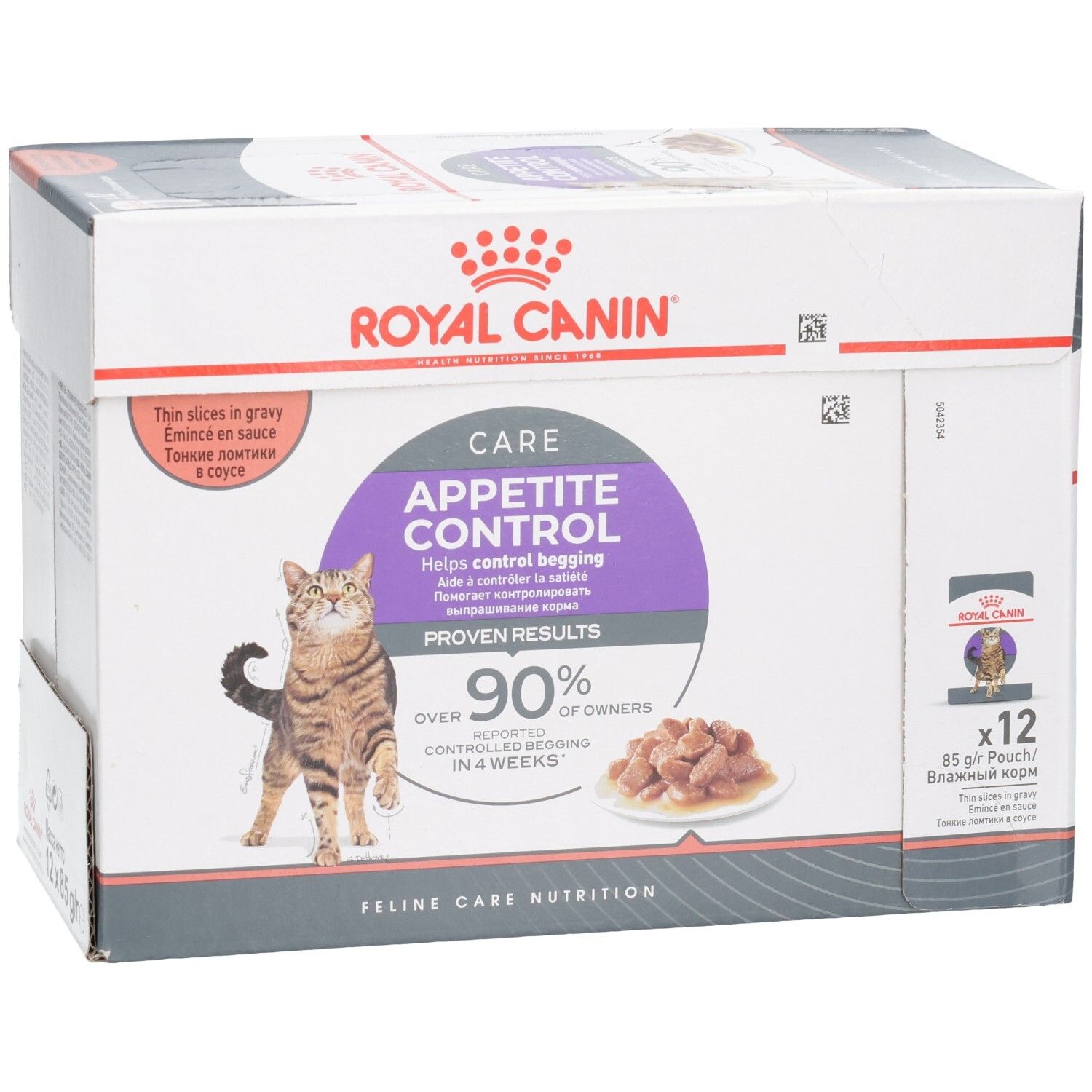 Royal Canin Appetite Control Katzenfutter-Box, 12x85g Pouch, mit Katze und Futterschale.