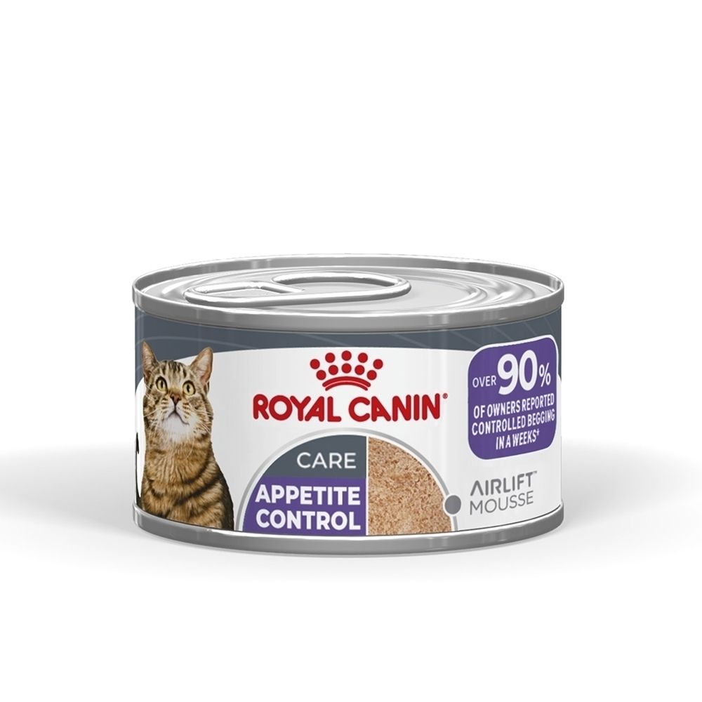 Eine Dose Royal Canin Katzenfutter, Sorte Appetite Control, mit einem Bild einer Katze und Produktinformationen.