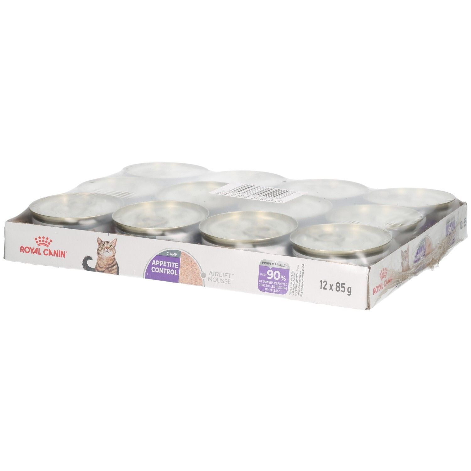 Zwölf Dosen Royal Canin FCN Appetite Control Mousse im Karton.