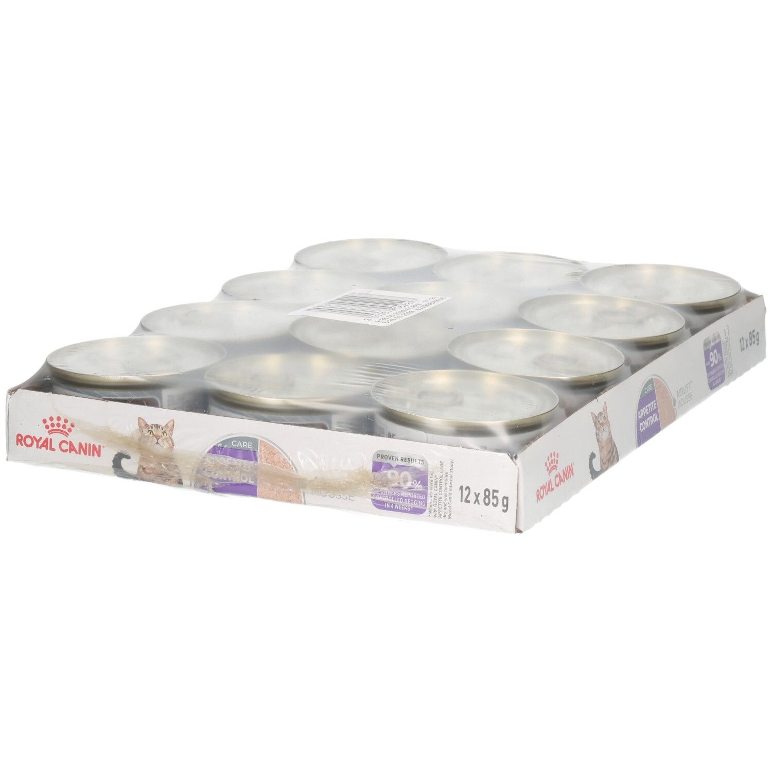 Zwölf Dosen Royal Canin FCN Appetite Control Mousse im Karton.