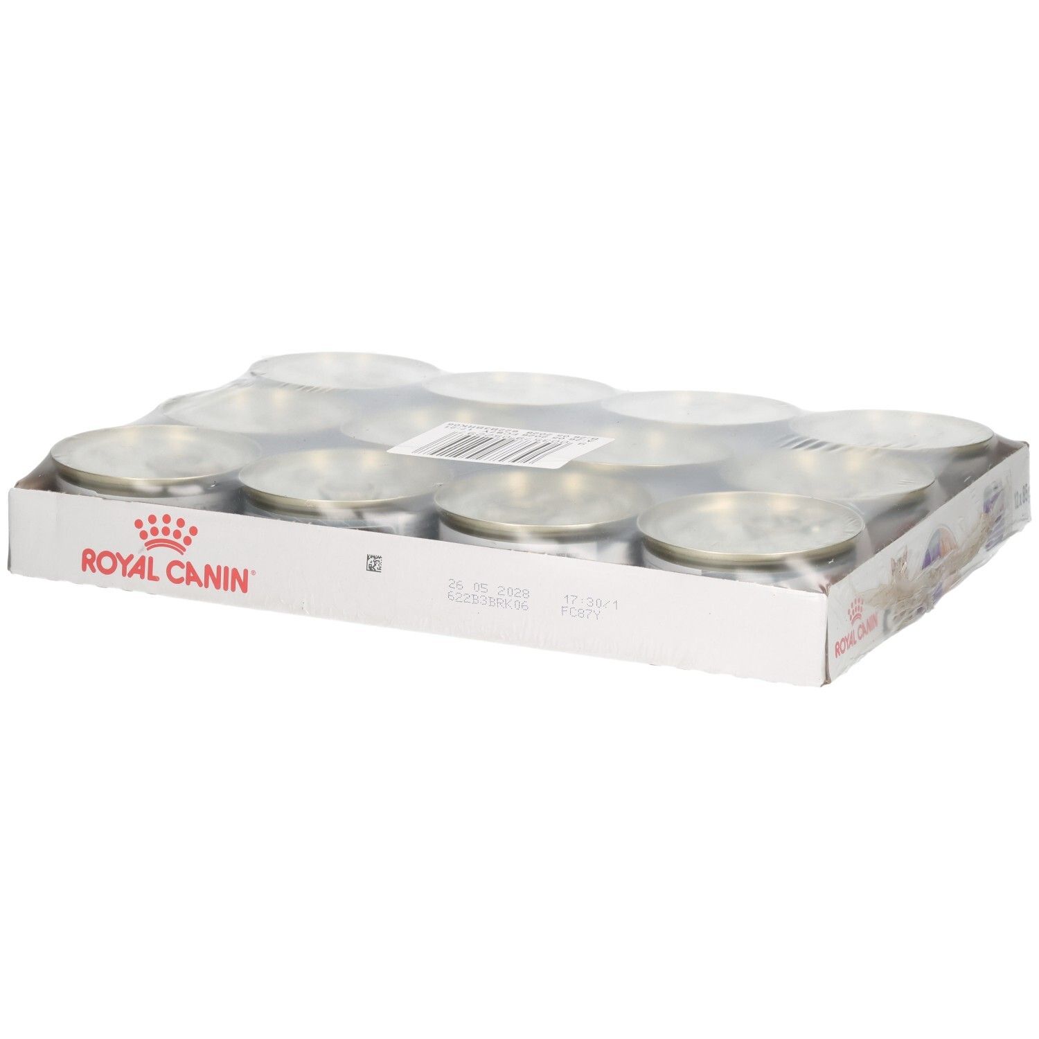 Zwölf Dosen Royal Canin FCN Appetite Control Mousse im Karton.