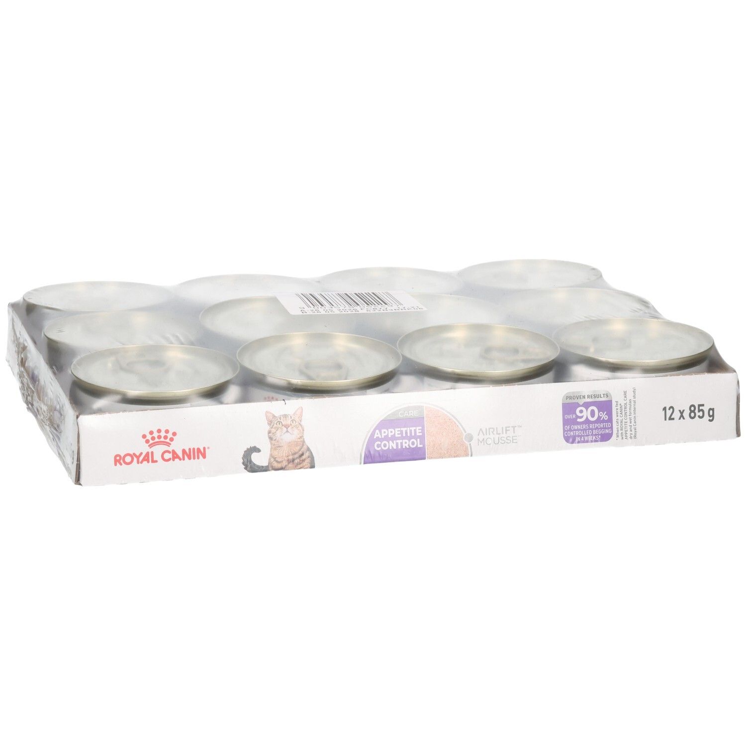 Zwölf Dosen Royal Canin FCN Appetite Control Mousse im Karton.