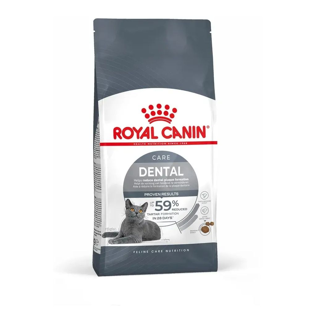 Royal Canin Dental Care Katzenfutter-Packung mit Informationen zur Zahnreinigung und einem Bild einer Katze.