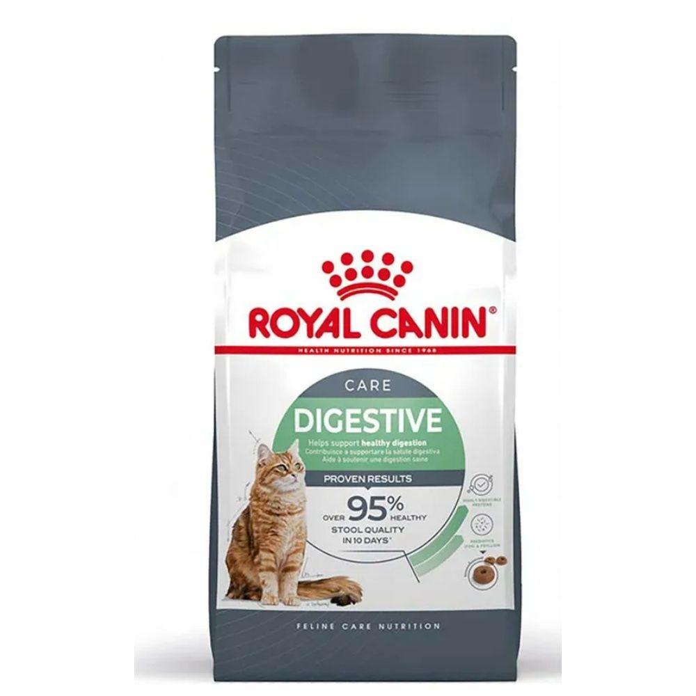 Sac de croquettes Royal Canin Feline Care Digestive Care avec un chat et des informations produit.