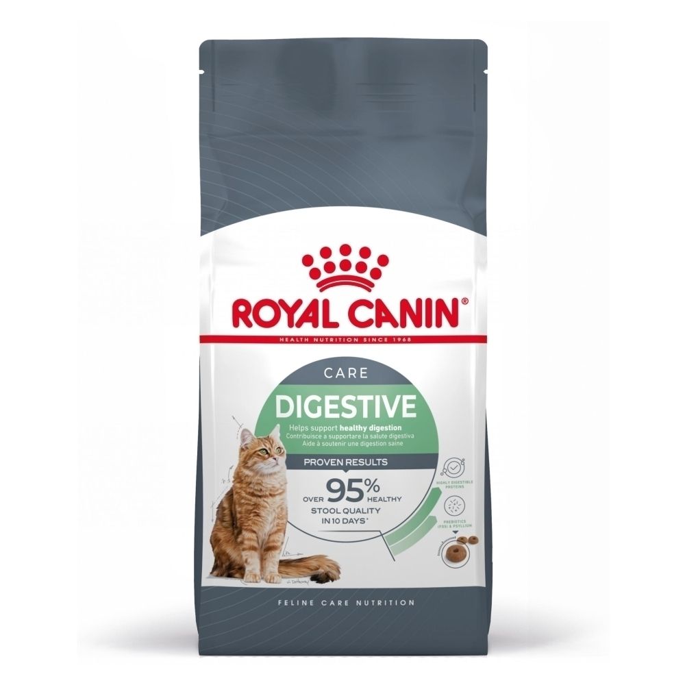 Royal Canin Katze Trockenfutter für Verdauung. Mit Bild einer Katze und Text 'Digestive Care'.