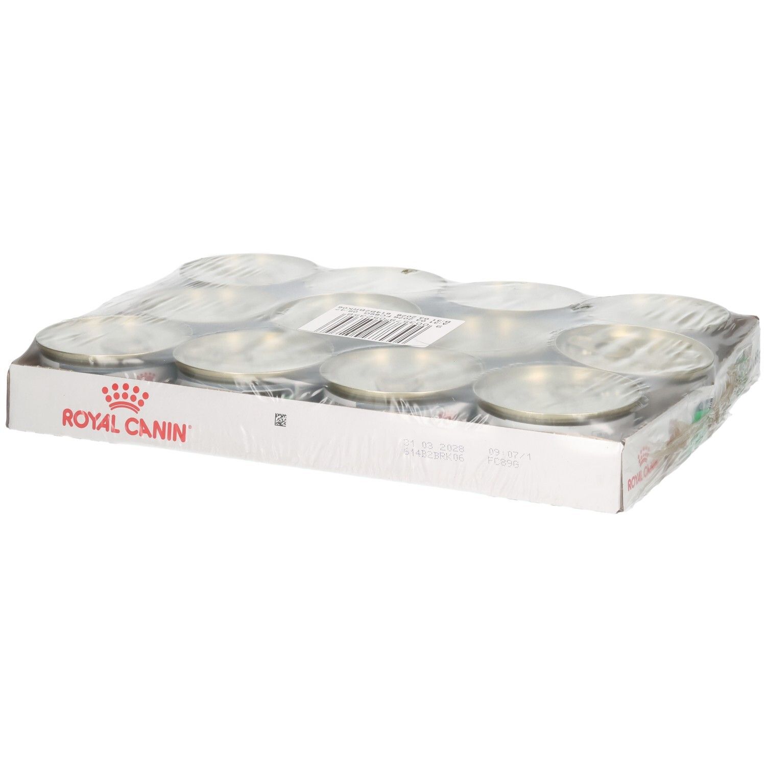 Zwölf Dosen Royal Canin Digestive Care Mousse im Karton.