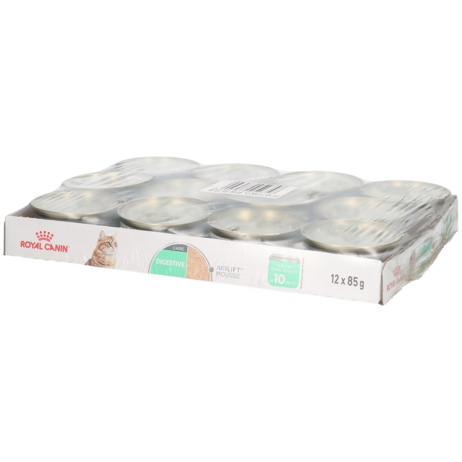 Royal Canin Digestive Care Mousse, zwölf 85g Dosen im Karton.