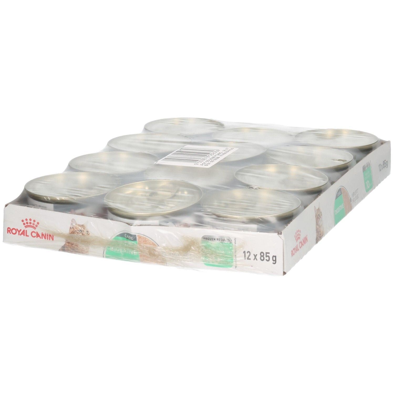 Verpackung mit zwölf Dosen Royal Canin Digestive Care Mousse.