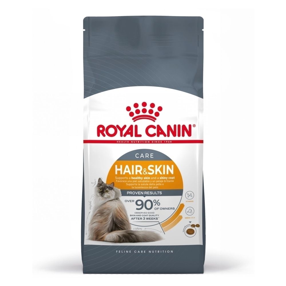 Royal Canin Hair & Skin Katzenfutter-Beutel mit Bild einer Katze und Text zu Fell- und Hautpflege.