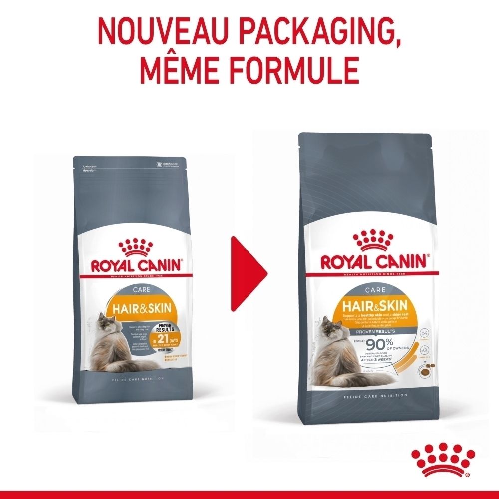 Zwei Royal Canin Hair & Skin Katzenfutter-Packungen im Vergleich. Neue Verpackung mit gleicher Formel.