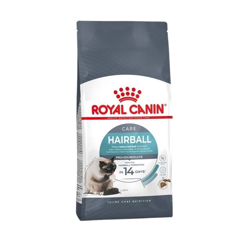 Sacs de nourriture pour chats Royal Canin Hairball, 10kg, avec informations produit et image de chat.