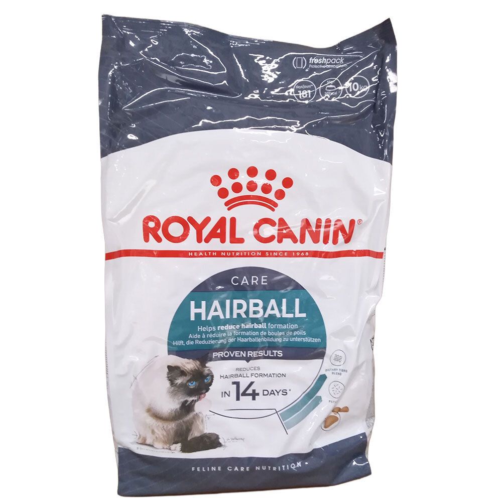 Royal Canin Hairball Katzenfutter, 10kg Beutel mit Produktinformationen und Bild einer Katze.
