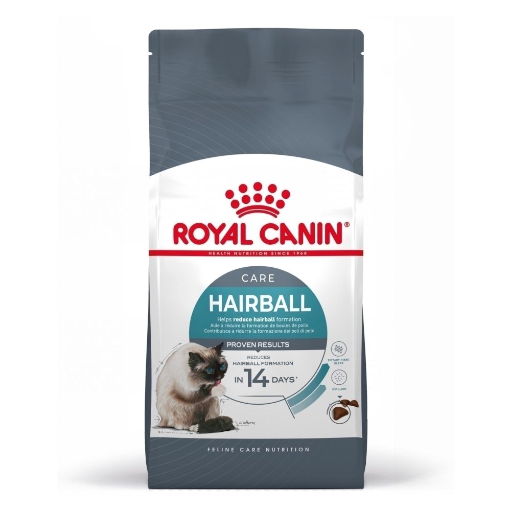 Royal Canin Hairball Care Katzenfutter-Beutel. Zeigt eine Katze und die Aufschrift „Reduziert Haarballbildung in 14 Tagen“.