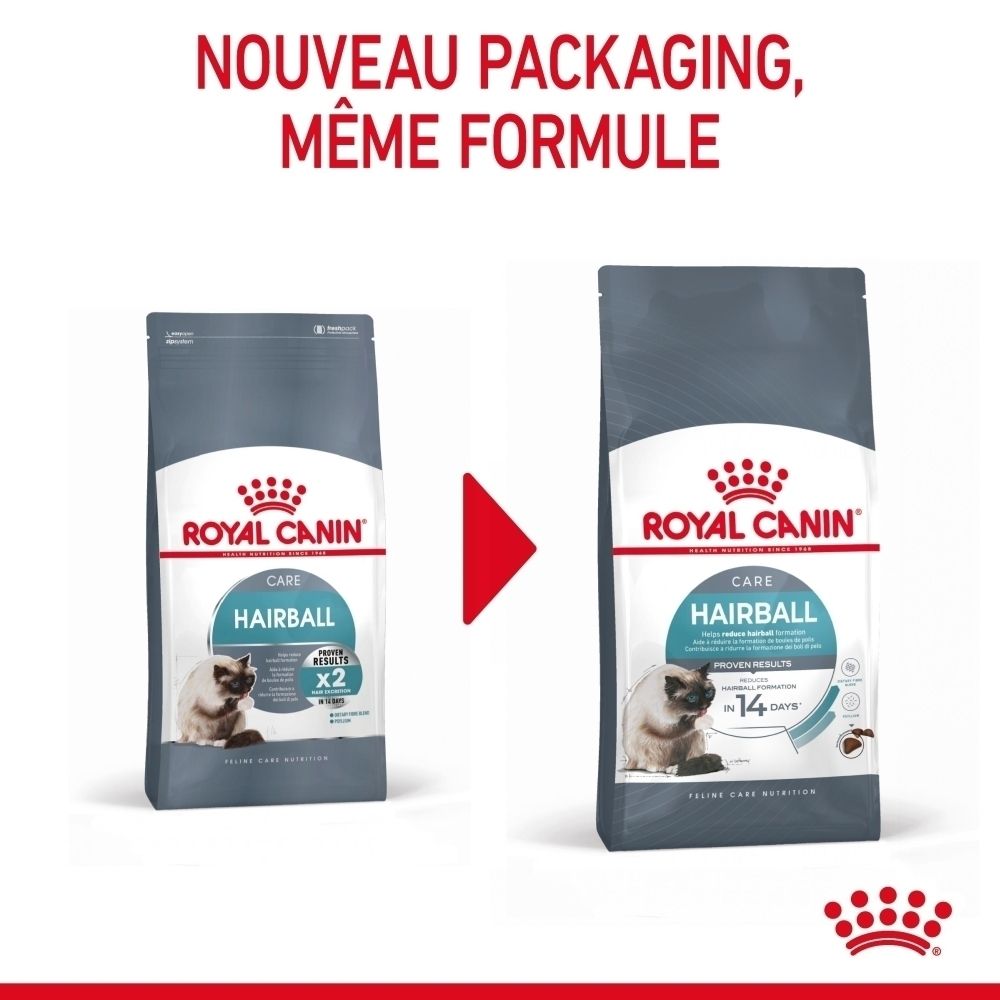 Zwei Royal Canin Hairball Care Katzenfutter-Packungen im Vergleich. Die linke Packung zeigt 'x2', die rechte '14 Tage'.