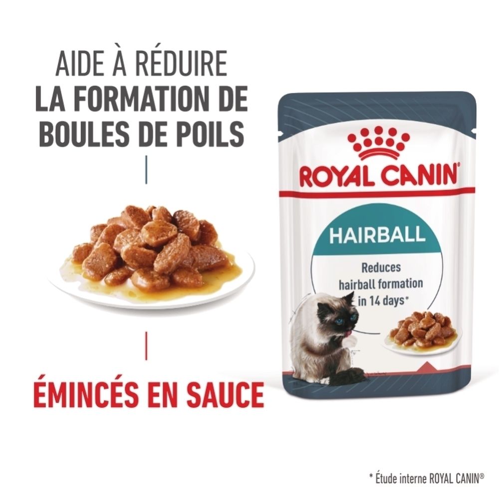 Royal Canin Hairball Katzenfutter in Sauce, mit Stückchen und einer Katze.