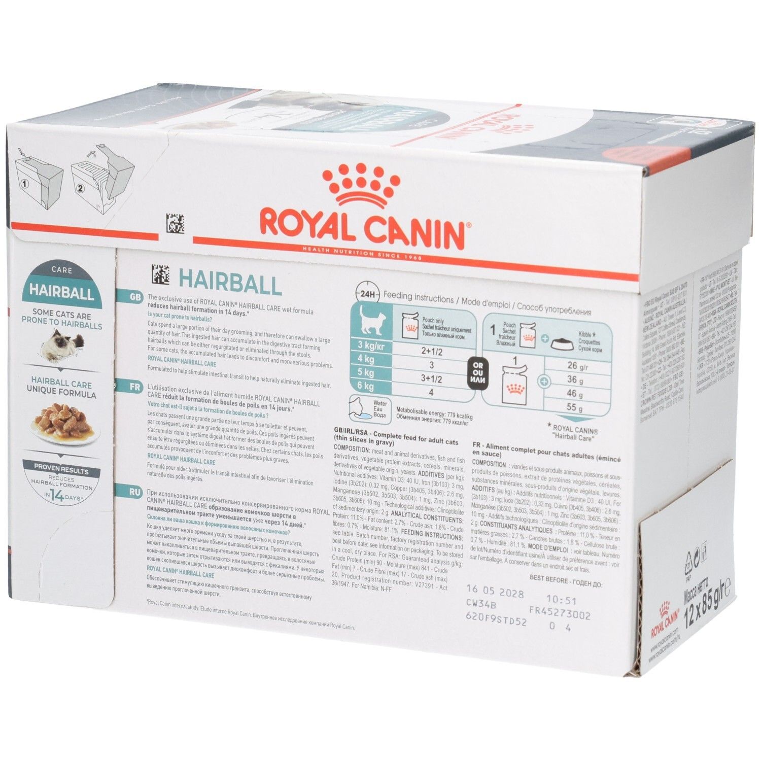 Seitenansicht der Royal Canin Hairball Care Multipack-Verpackung mit Fütterungshinweisen.