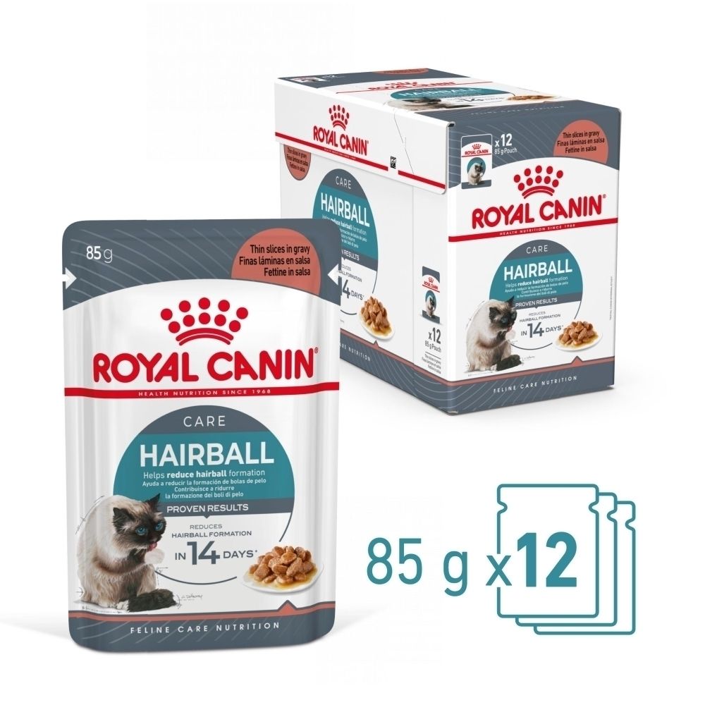 Royal Canin Hairball Care Katzenfutter in 85g Beuteln und einer 12er-Packung.