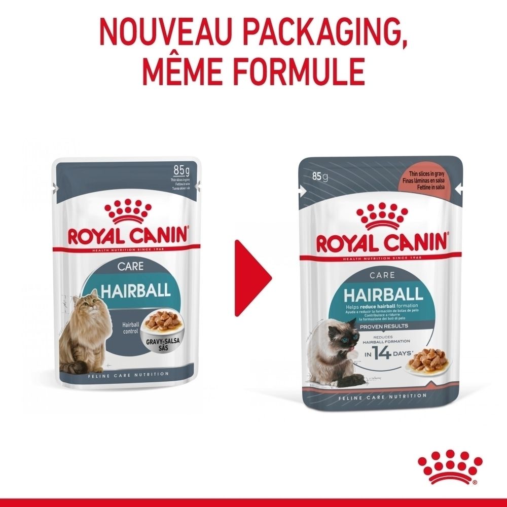 Zwei Royal Canin Hairball Care Beutel nebeneinander, die eine Verpackungsänderung zeigen. Beide sind 85g.