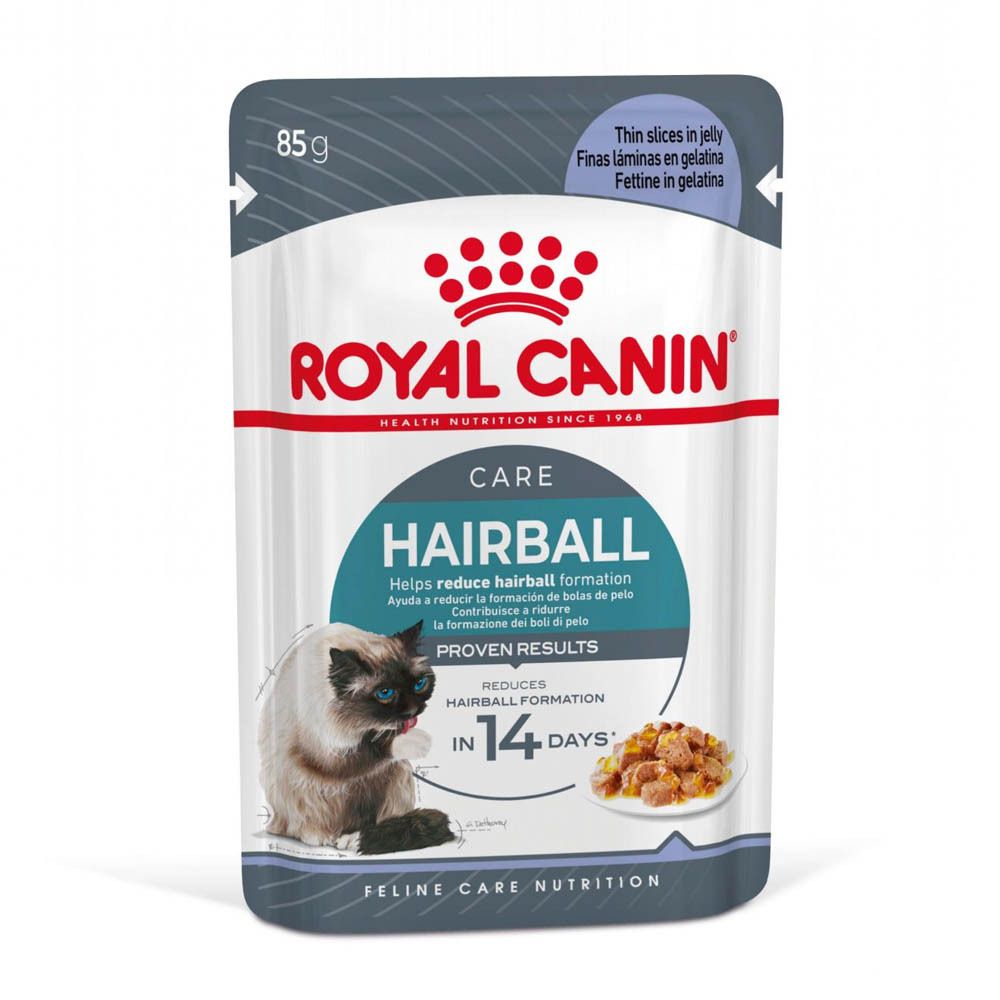 Sachet Royal Canin Hairball Care, 85g. Fines lamelles en gelée. Réduit la formation de boules de poils.