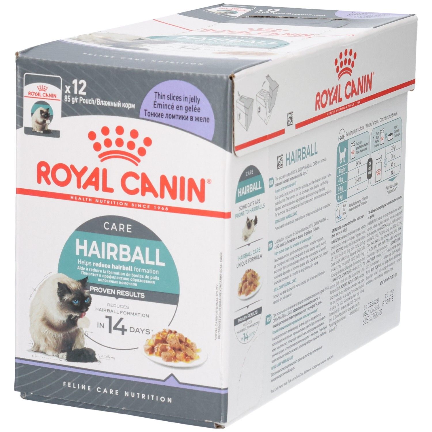 Vorderseite der Royal Canin Hairball Care Katzenfutter-Box, 12x85g Pouch. Reduziert Haarballbildung.