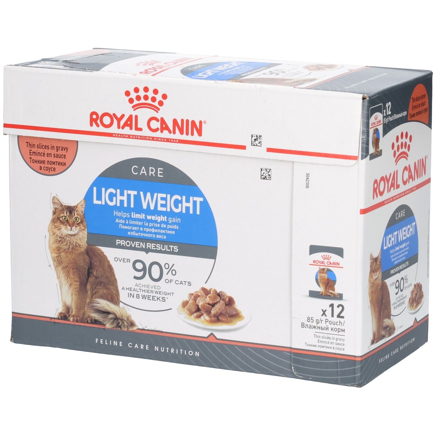 Royal Canin Light Weight Care Multipack: Karton mit 12 x 85g Beuteln Katzenfutter in Soße.
