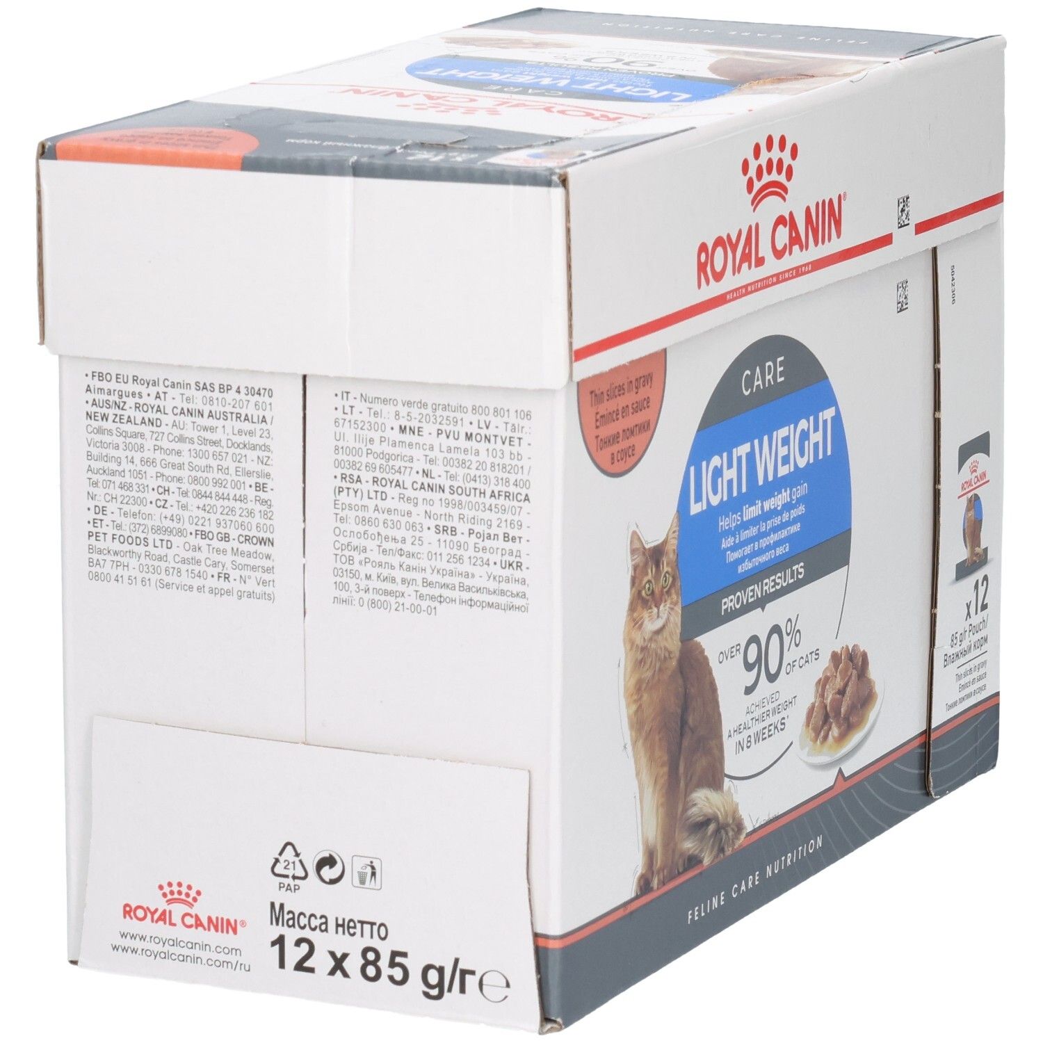 Rückseite des Royal Canin Light Weight Care Multipacks mit Fütterungshinweisen und Inhaltsstoffen.