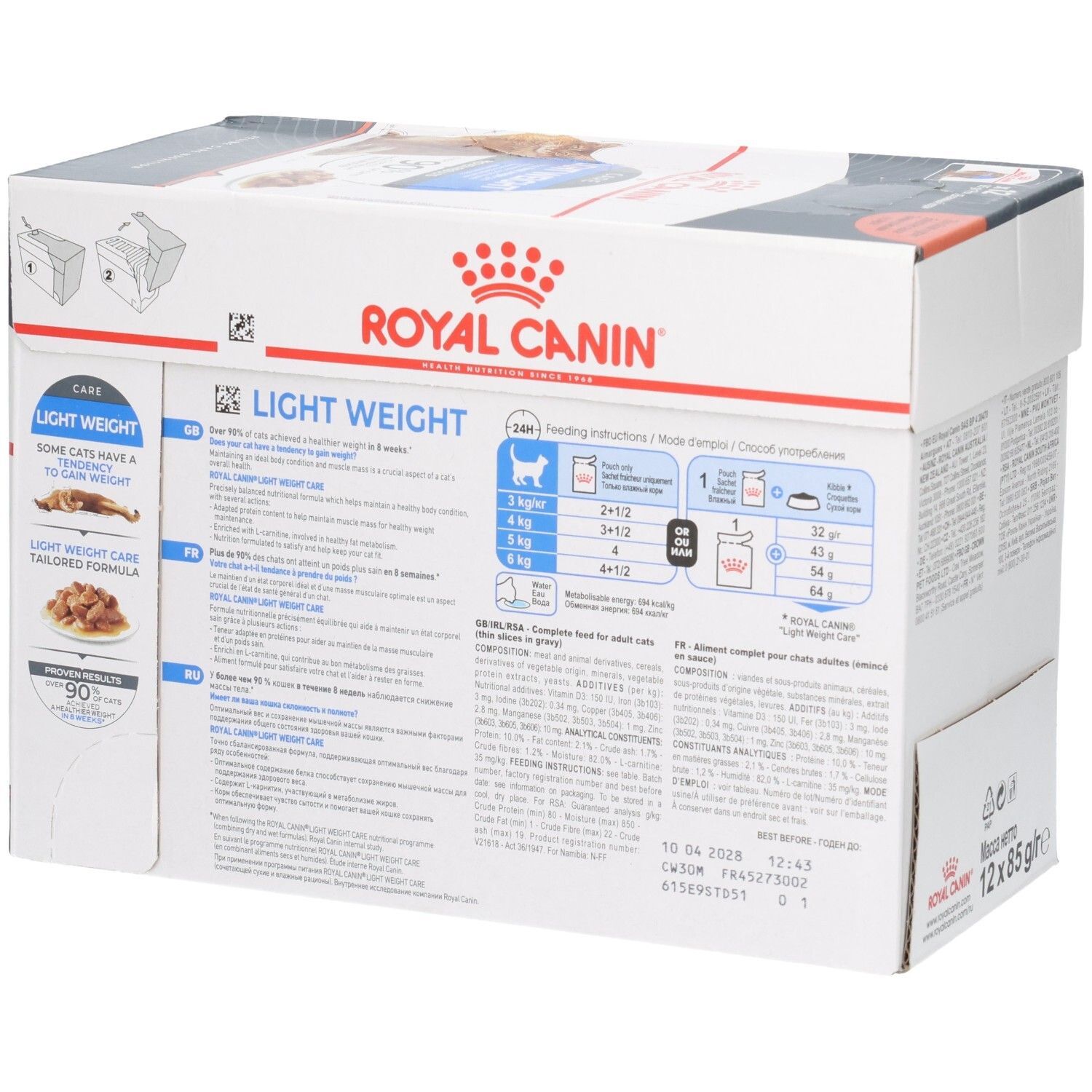 Seite des Royal Canin Light Weight Care Multipacks mit Fütterungstabelle und Produktinformationen.