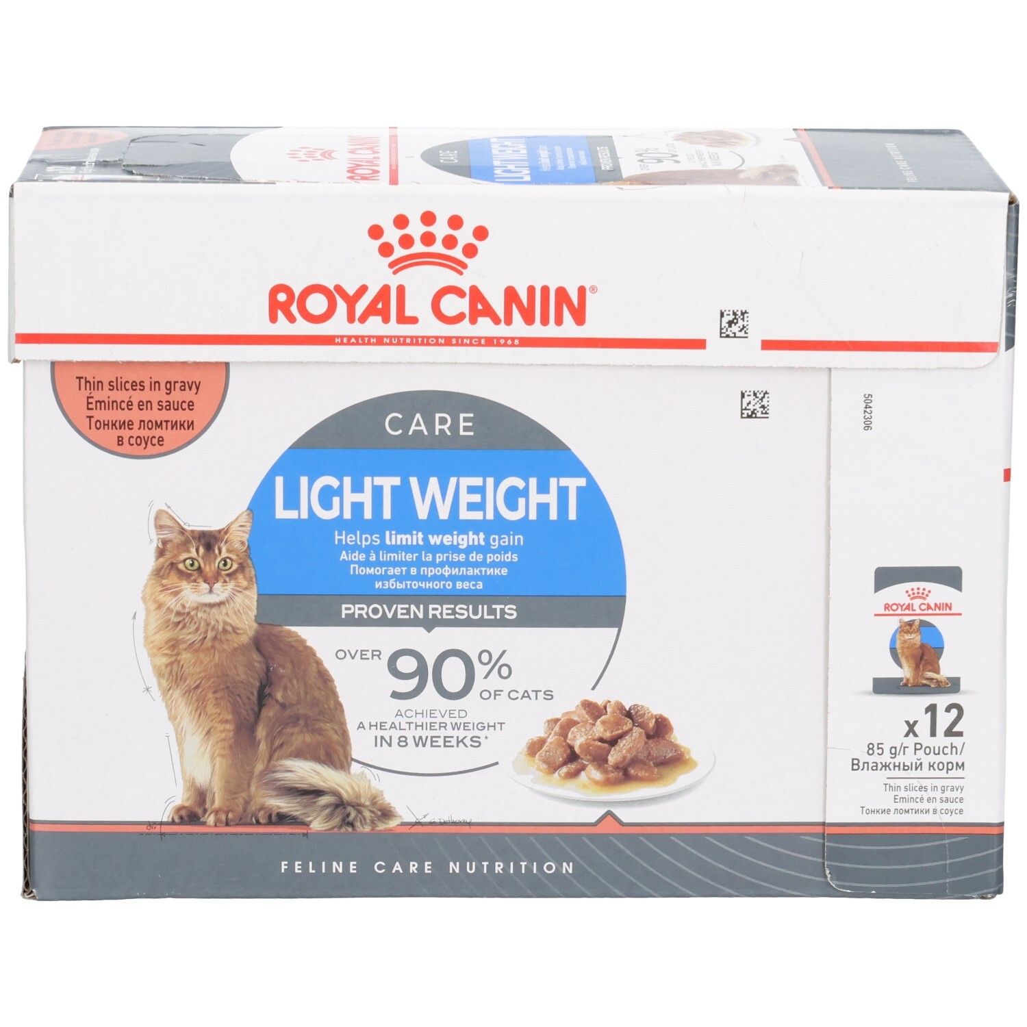 Royal Canin Light Weight Care Multipack: Karton mit 12 x 85g Beuteln Katzenfutter in Soße.