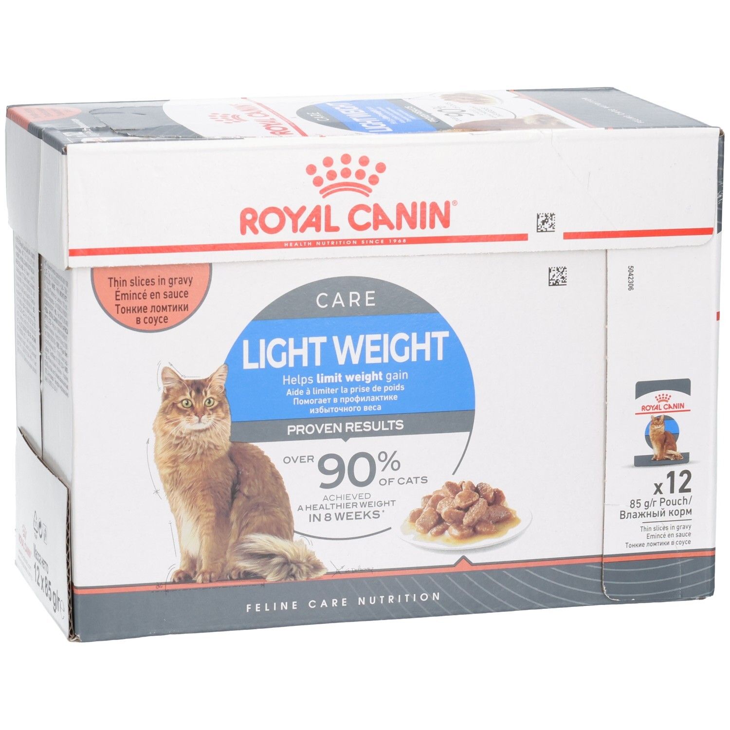 Royal Canin Light Weight Care Multipack: Karton mit 12 x 85g Beuteln Katzenfutter in Soße.