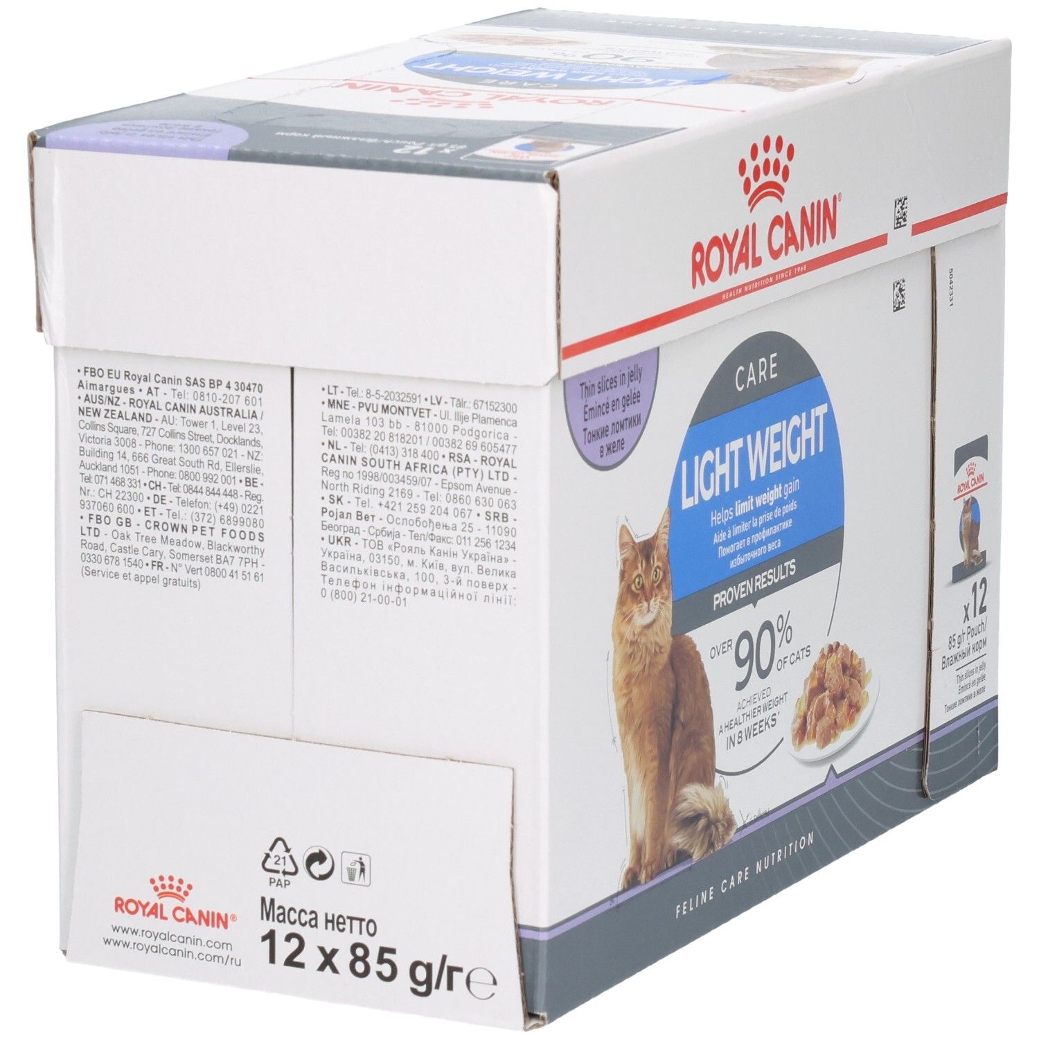 Rückseite des Royal Canin Feline Light Weight Care Multipacks mit Produktinformationen und Adressen.
