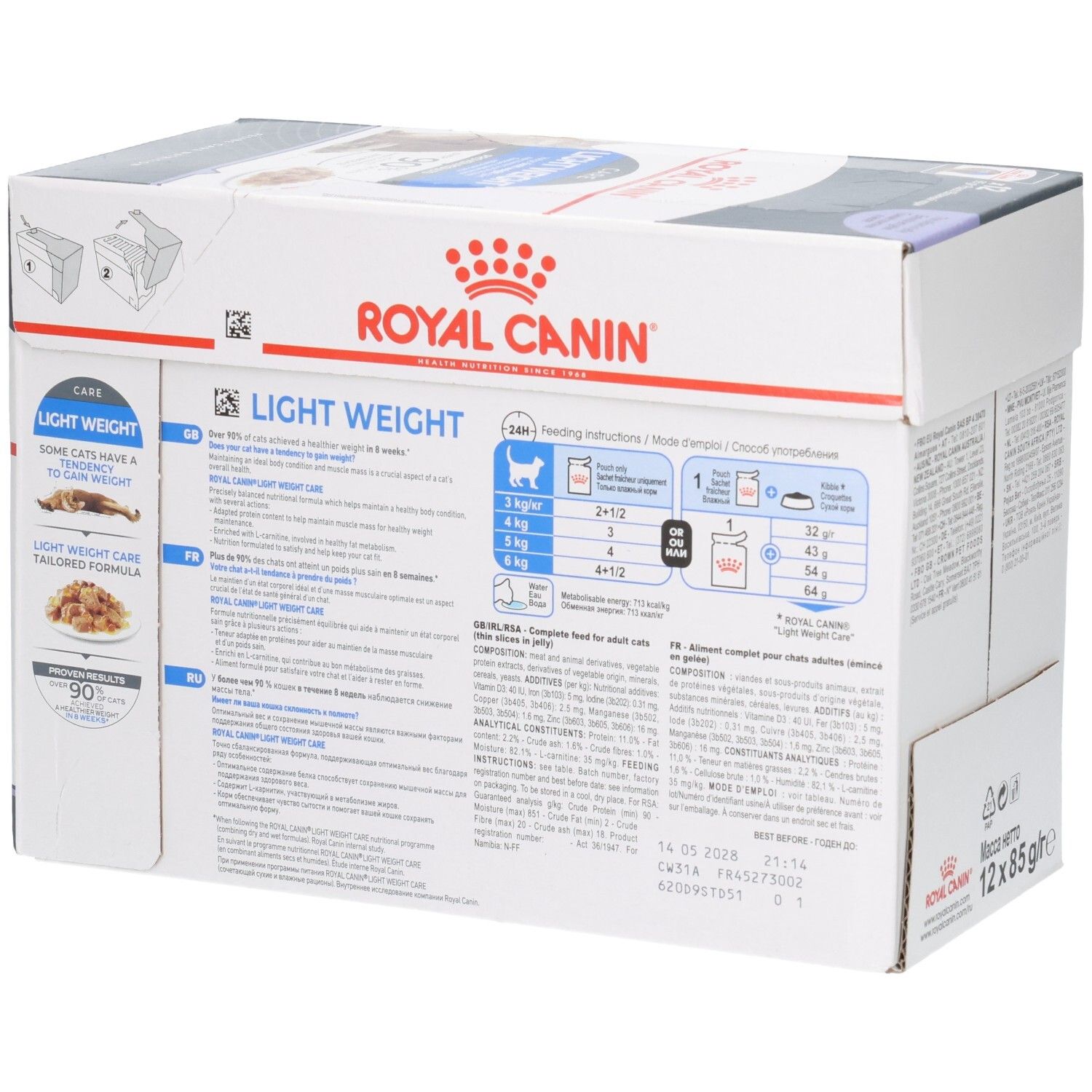 Seite des Royal Canin Feline Light Weight Care Multipacks mit Fütterungsempfehlungen und Inhaltsstoffen.