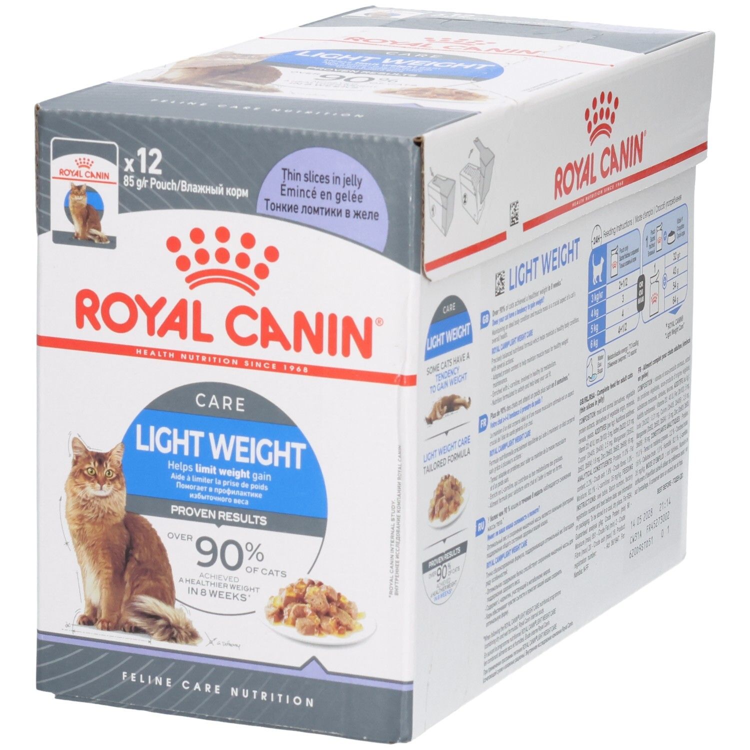 Vorderseite des Royal Canin Feline Light Weight Care Multipacks mit Katze und Futterabbildung.