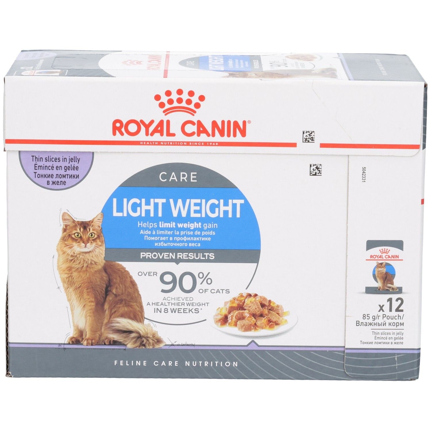 Royal Canin Feline Light Weight Care Multipack: Karton mit 12 Beuteln Katzenfutter in Gelee.